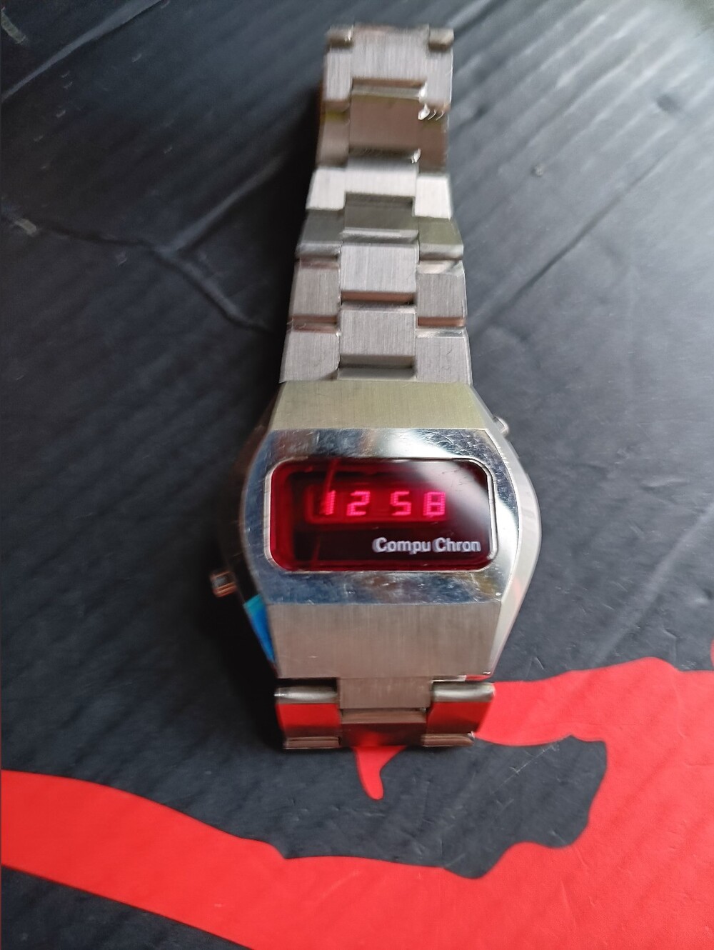 Vintage Compu Chron Stainless Steel LED Digital Watch - Silver with Red Display